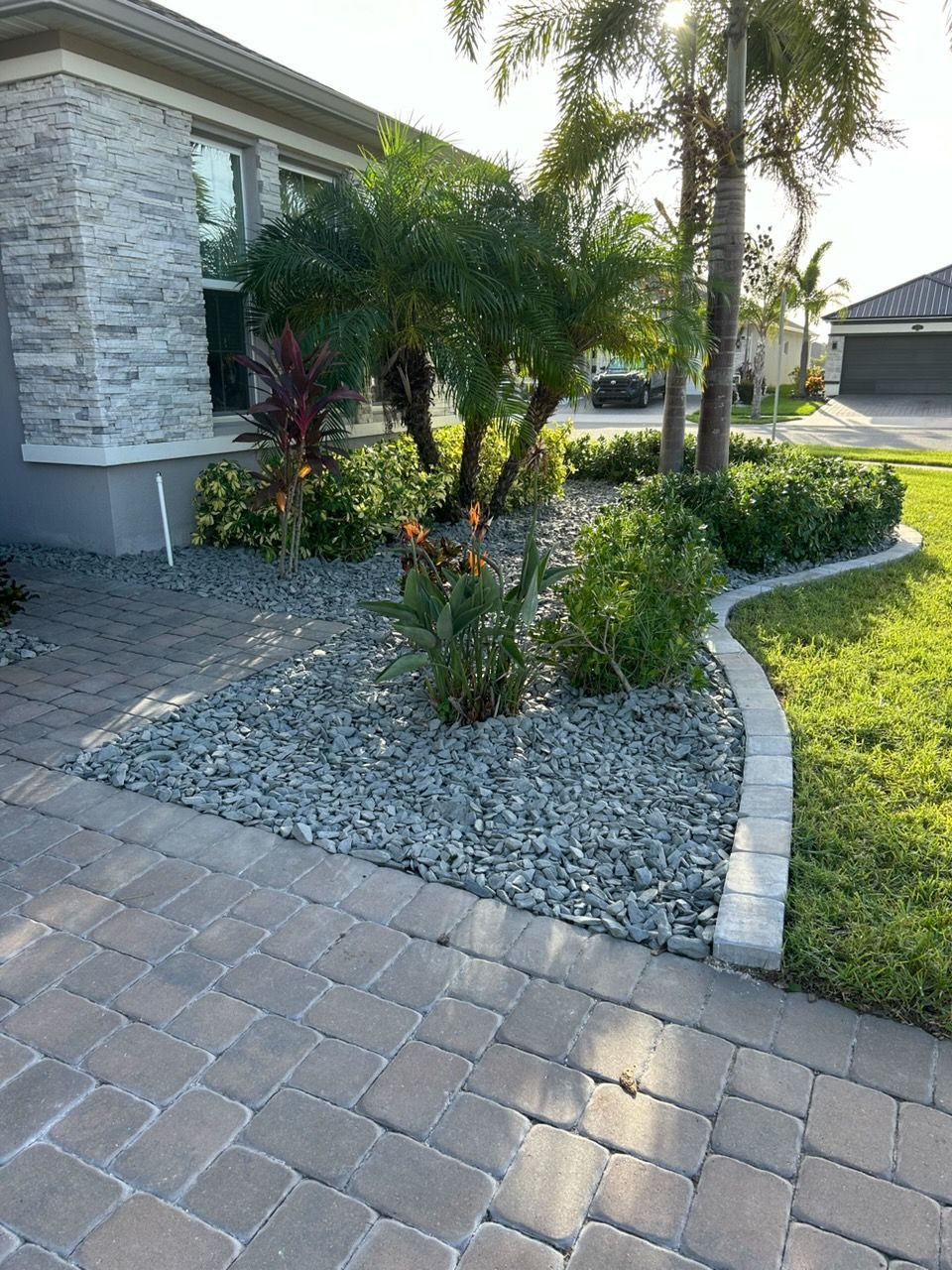Front yard landscaping with palm trees, gravel bed, and stone paver walkway beside a house.