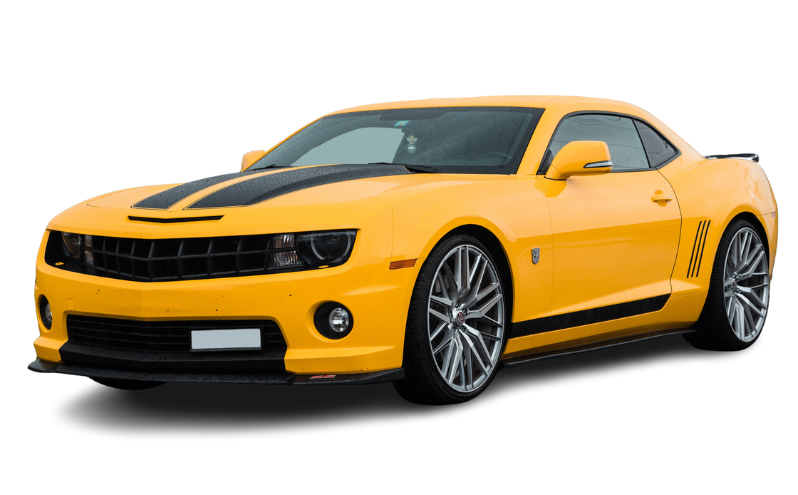 A yellow car with black stripes on the side is on a white background.