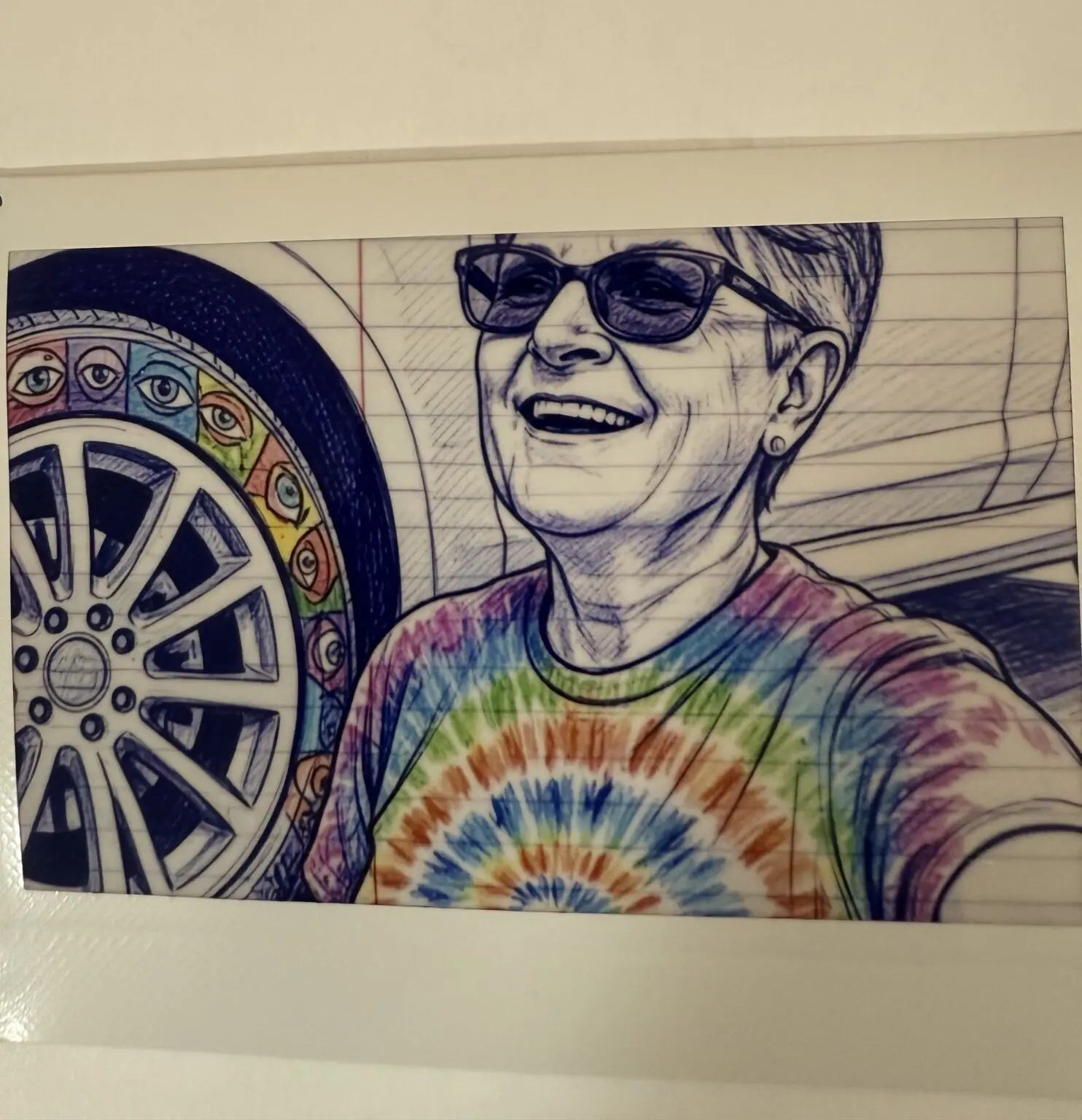 A drawing of a person wearing sunglasses and a tie-dye shirt, standing beside a car wheel decorated with colored eyes.