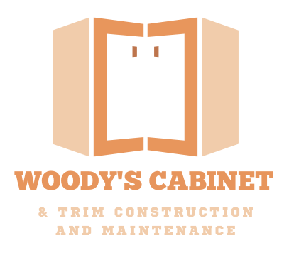 A logo for woody 's cabinet and trim construction and maintenance