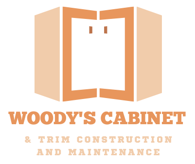 A logo for woody 's cabinet and trim construction and maintenance