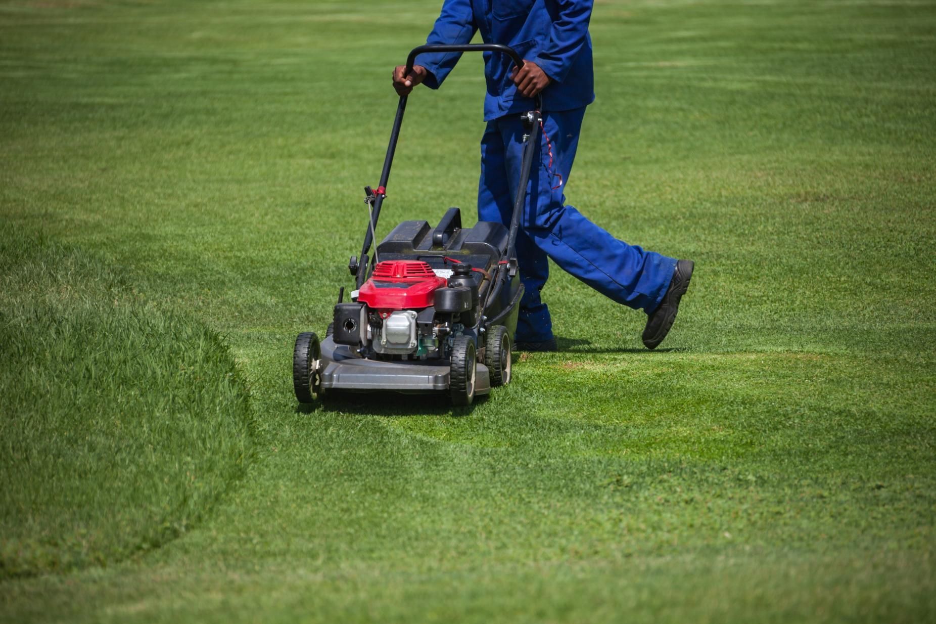 Person in blue overalls mowing a green lawn.