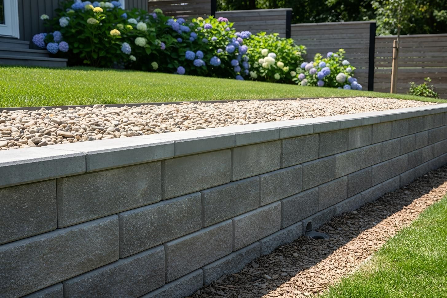 Gray retaining wall bordering a grassy yard, topped with gravel, and flowering bushes in the background.