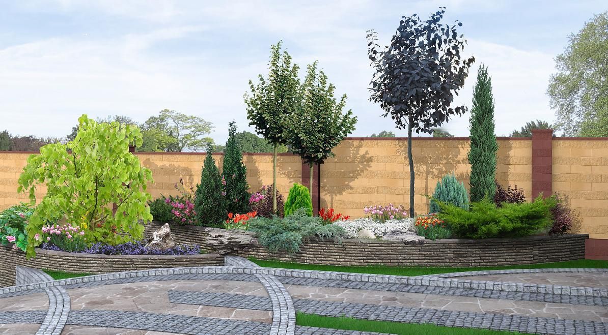 Landscaped garden with layered beds, stone paths.