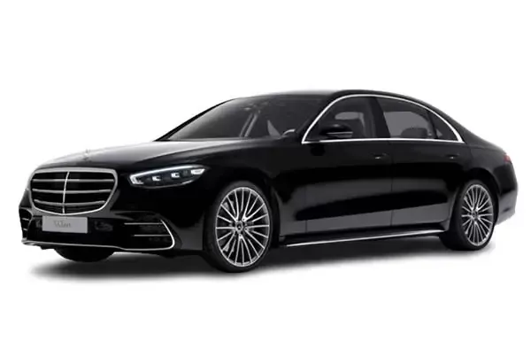 A black mercedes benz s class is shown on a white background.