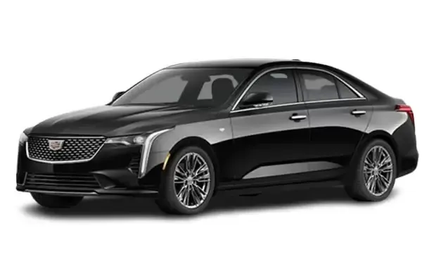 A black cadillac ct4 sedan is shown on a white background.