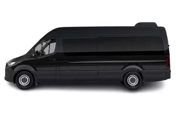 A black van is shown from the side on a white background.