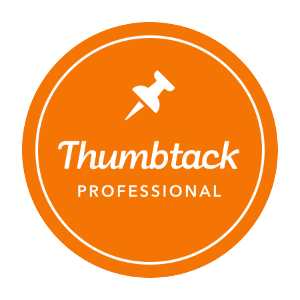 An orange thumbstuck professional logo with a pin on it