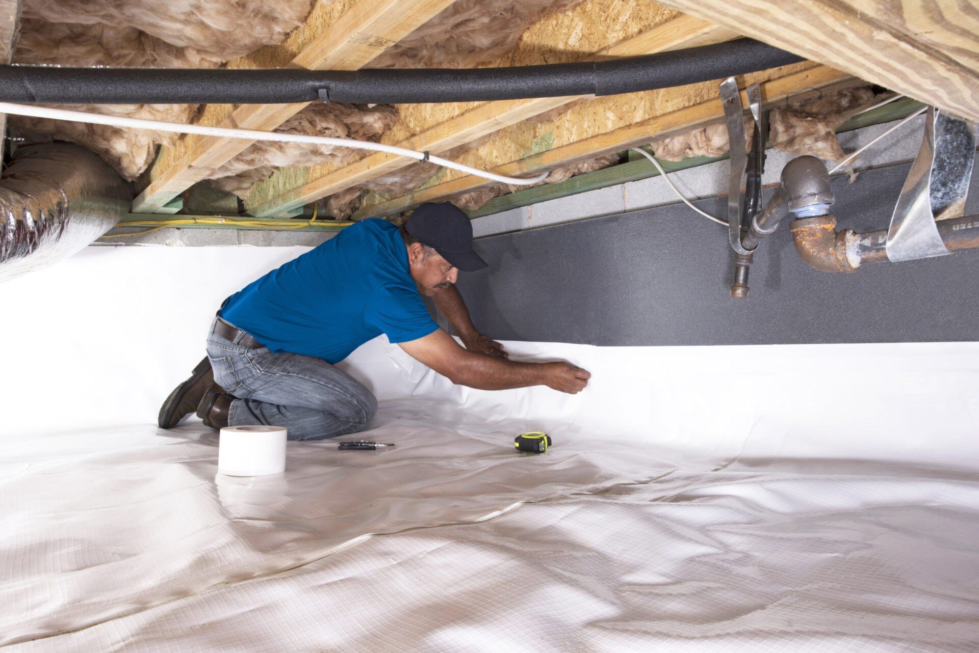 A man is kneeling on the floor of a basement.