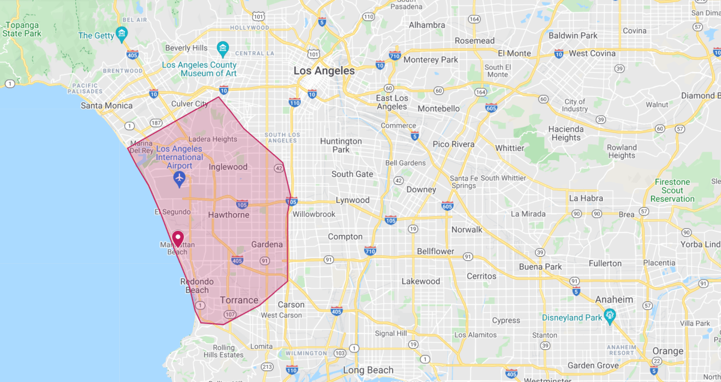 A map of los angeles with a red circle in the middle.