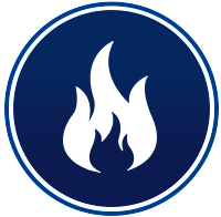 A blue circle with a white flame inside of it.
