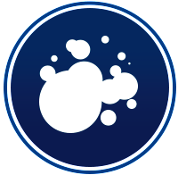 A white bubble in a blue circle on a white background.