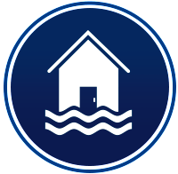 A house is surrounded by water in a blue circle.
