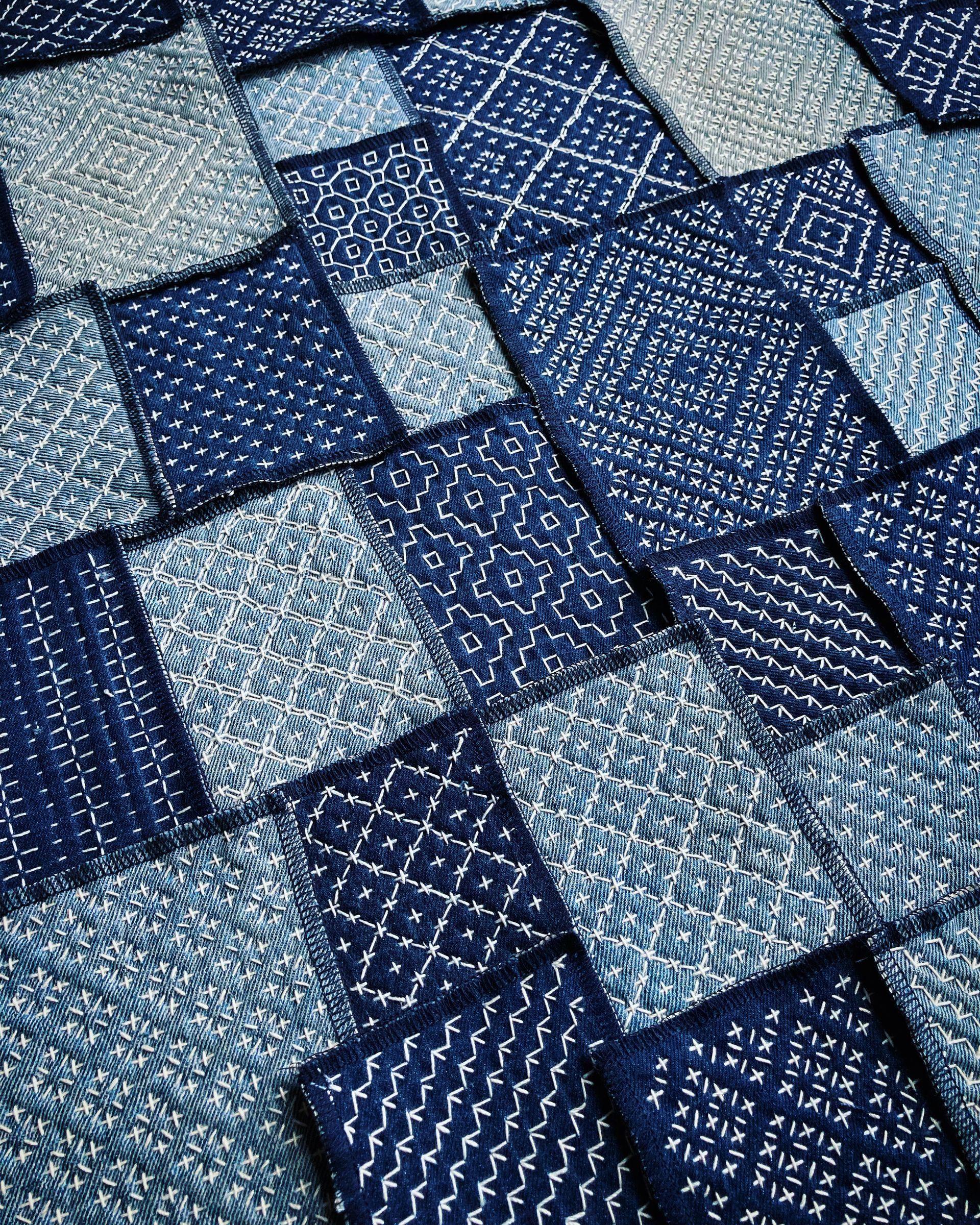 Blue patchwork fabric with mixed denim and textured square patterns