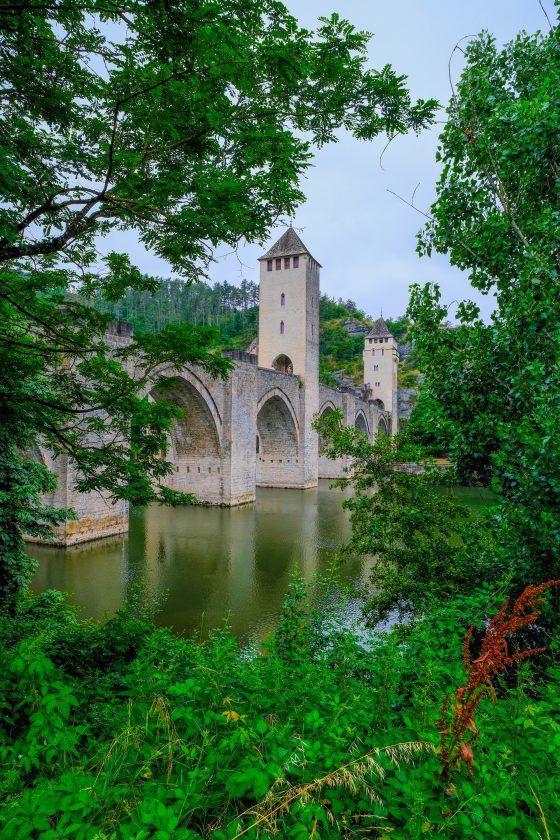 Stone bridge and towers beside a river, framed by lush green trees and foliage.