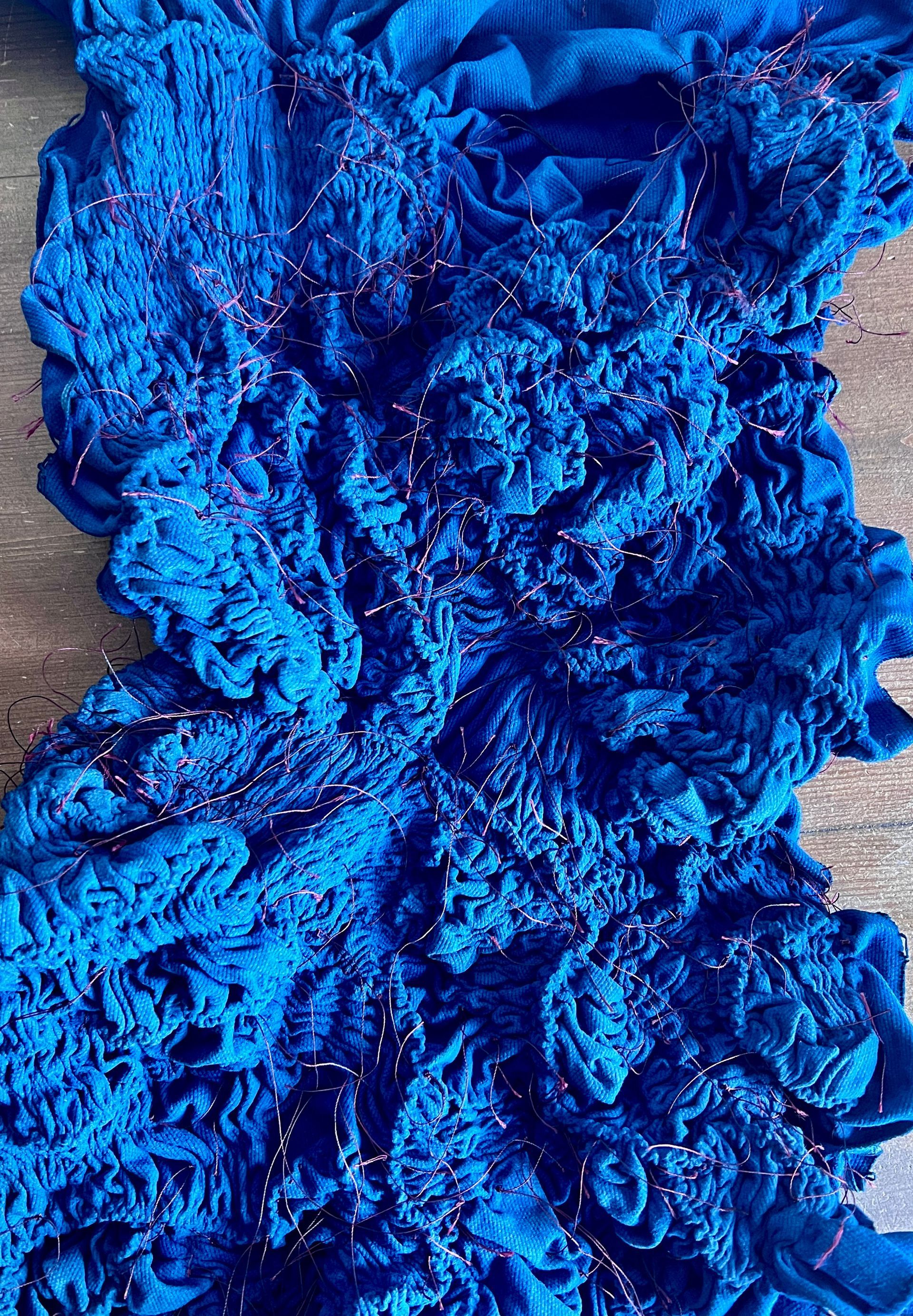 Bright blue crumpled fabric or textured material filling the frame.