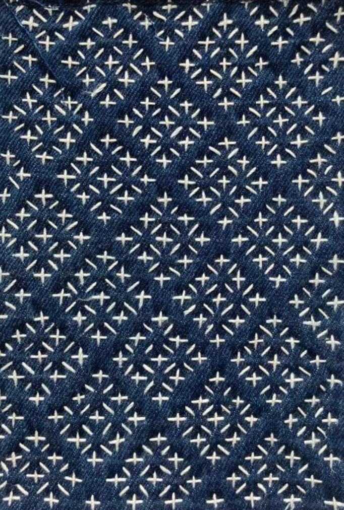 Blue patterned Japanese sashiko pattern fabric with repeating white cross and diamond motifs by Silent Wave Studio