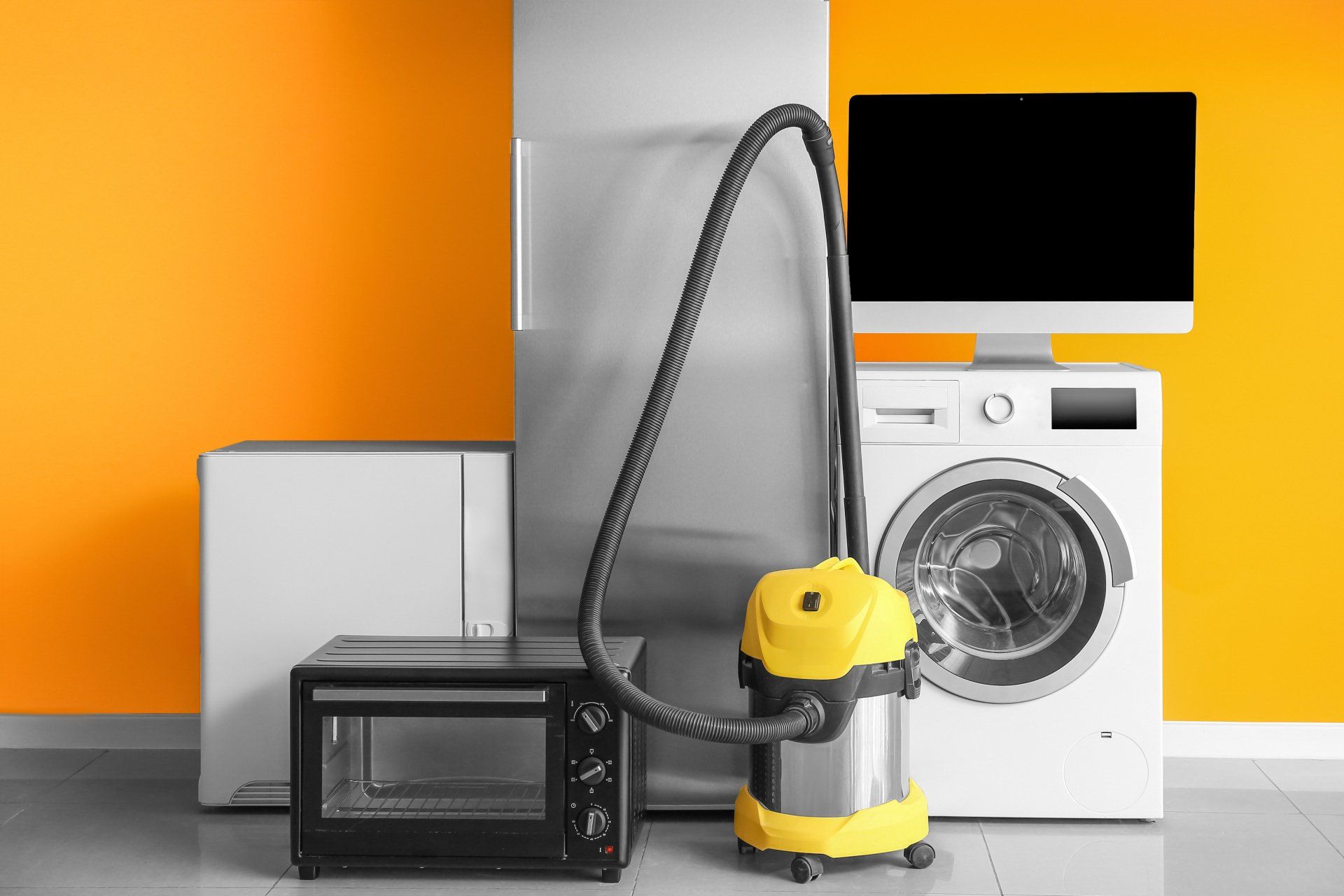 a bunch of electrical equipment on an orange background