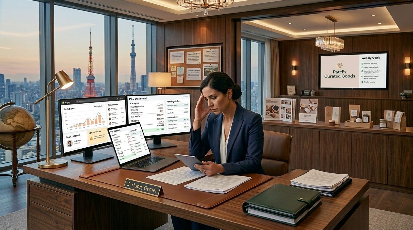 Business owner stressed in modern office reviewing growth data
