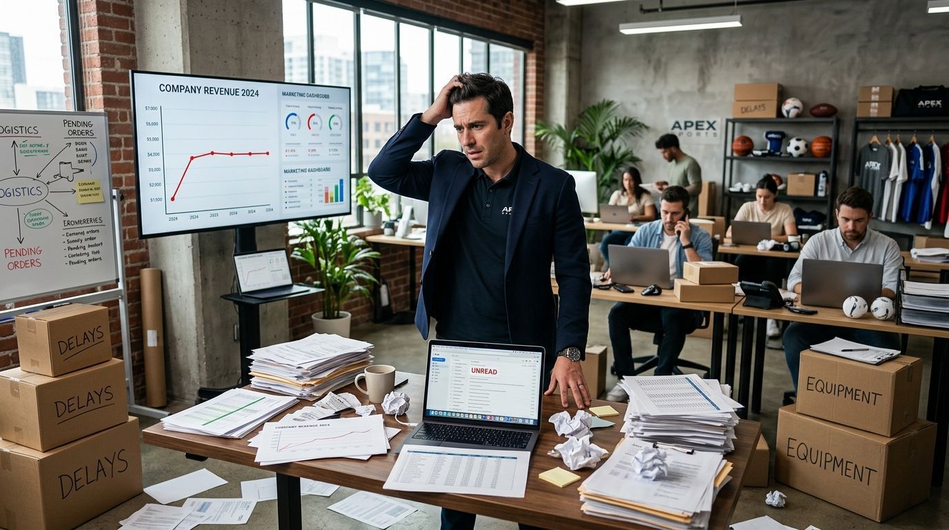 Frustrated business owner in cluttered office with flat chart, boxes, reports, and distracted team