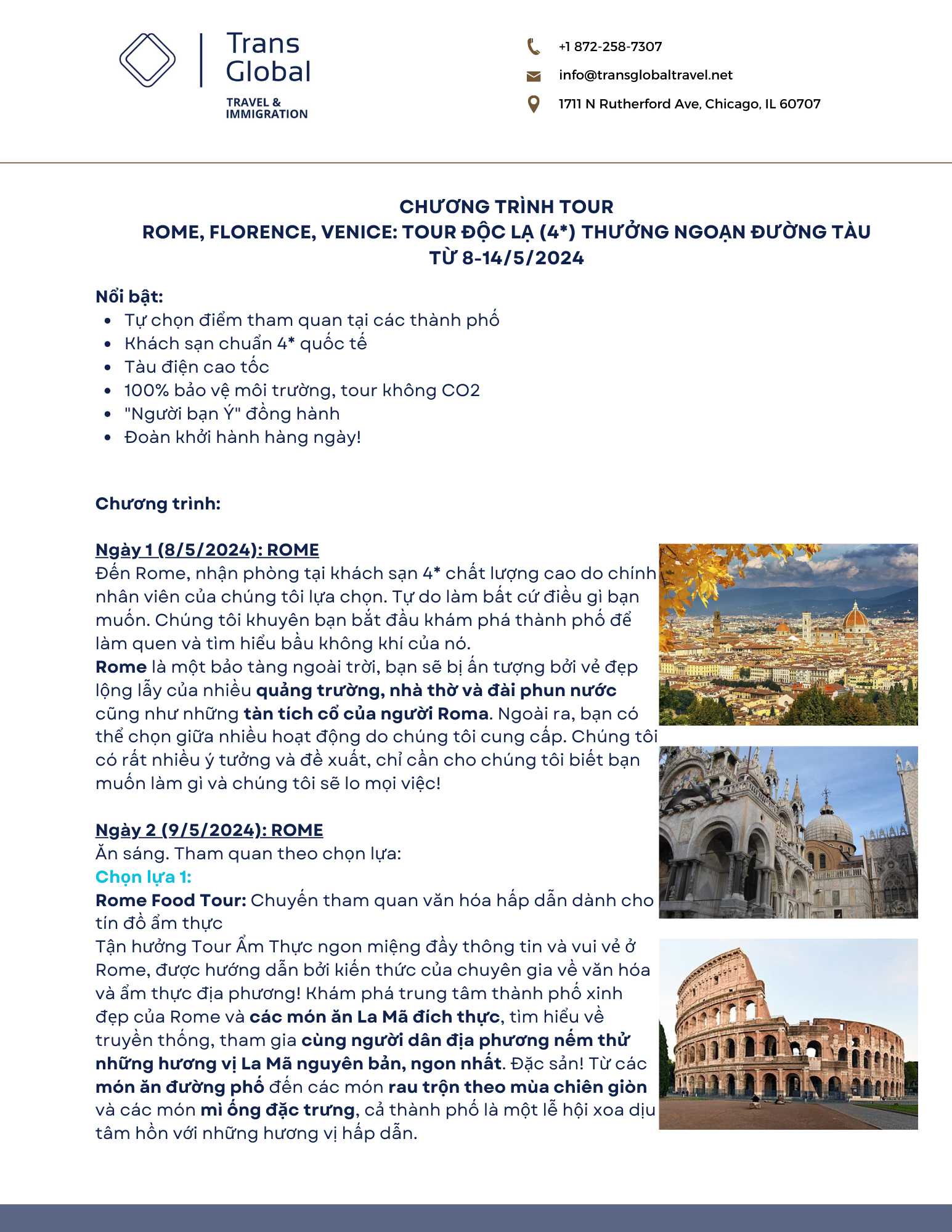 Tour Italia - Xuân 2024 - Rome - Florence - Pisa - Venice 7 ngày - KS 4*
