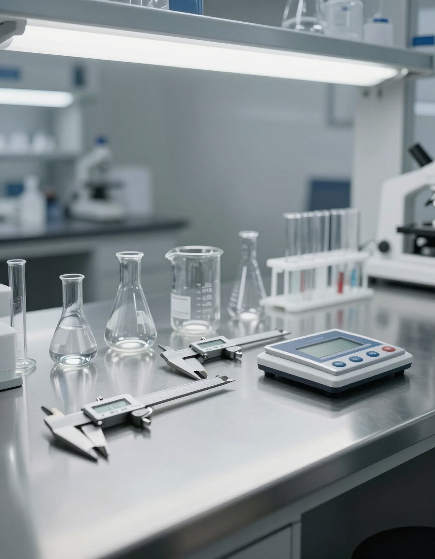 Laboratory bench with glassware, pipette, test tubes, and digital scale under bright lights