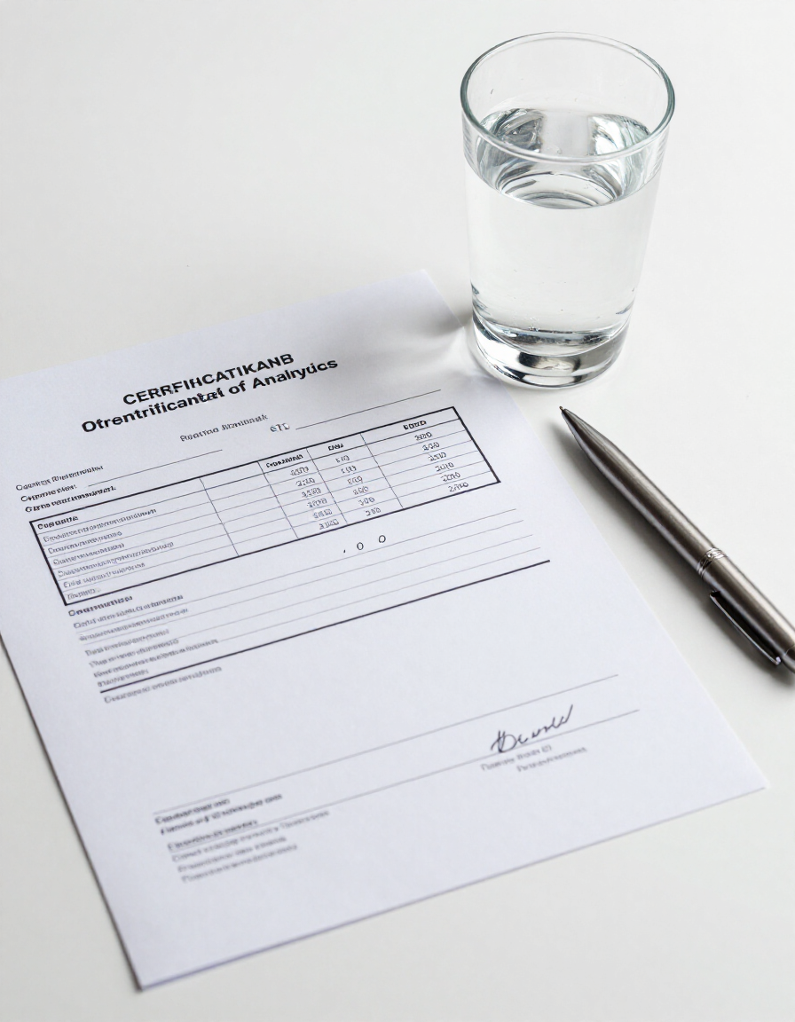Business form with pen beside a glass of water on a white desk