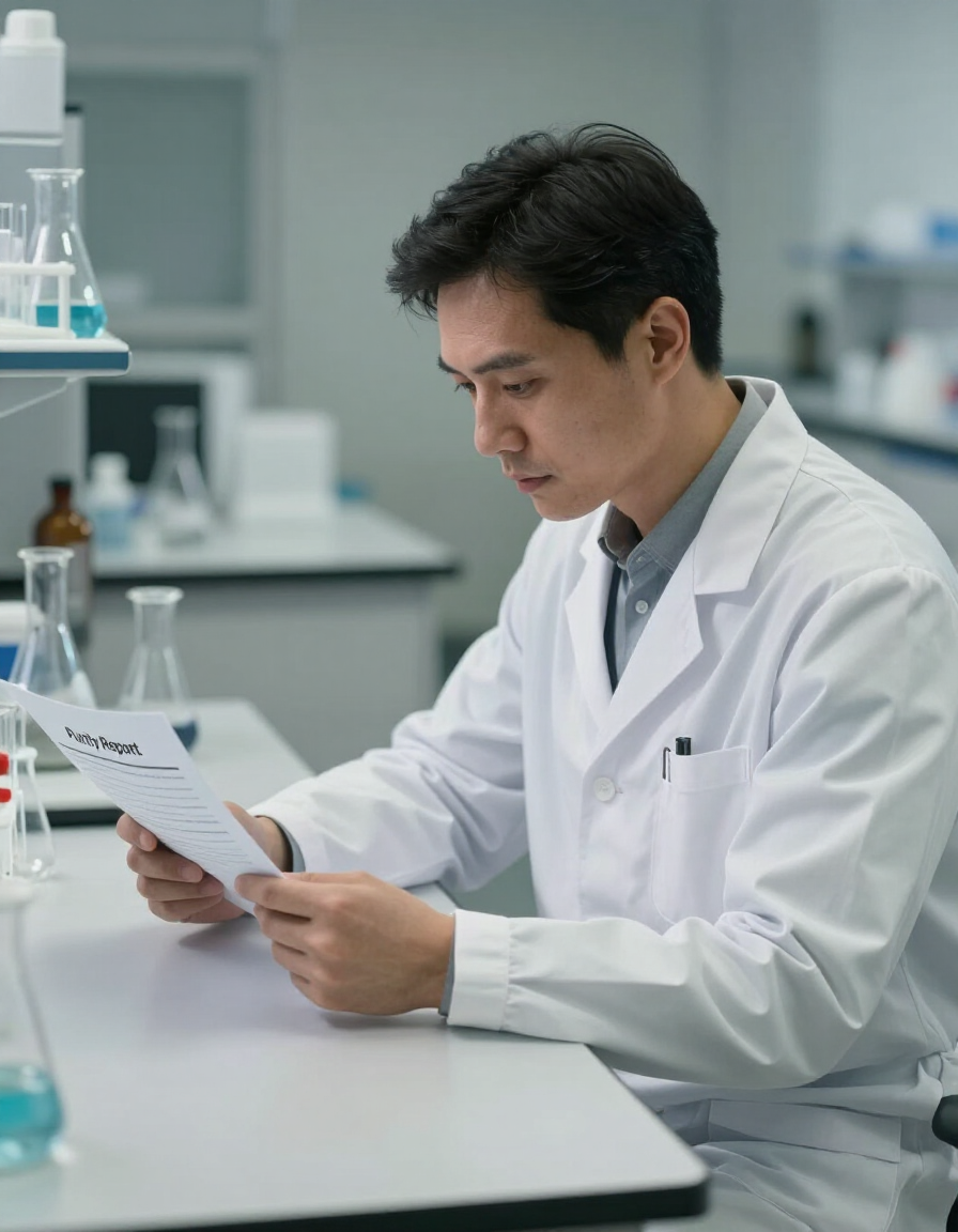 Scientist in a white lab coat reading a report at a laboratory bench