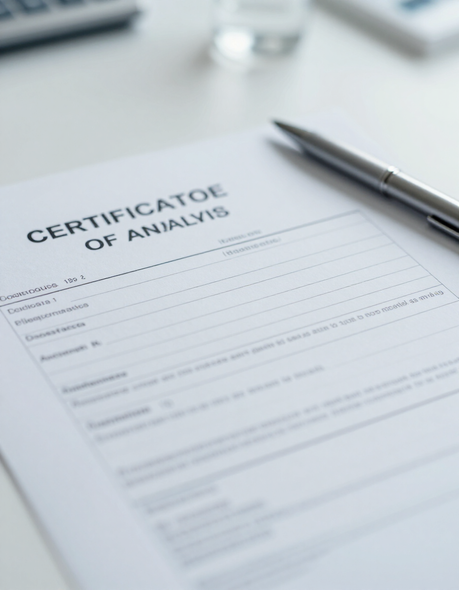 Certificate of analysis form on a desk beside a pen, in a bright office setting