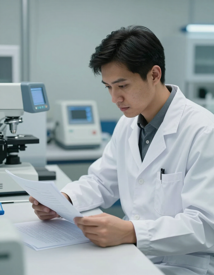Scientist in a lab coat reading documents at a laboratory workstation