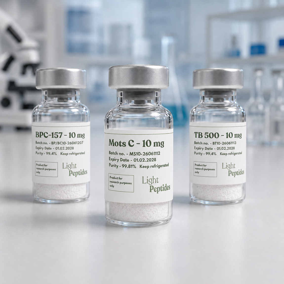 Three clear peptide vials with silver caps on a lab counter in a bright, blurred laboratory