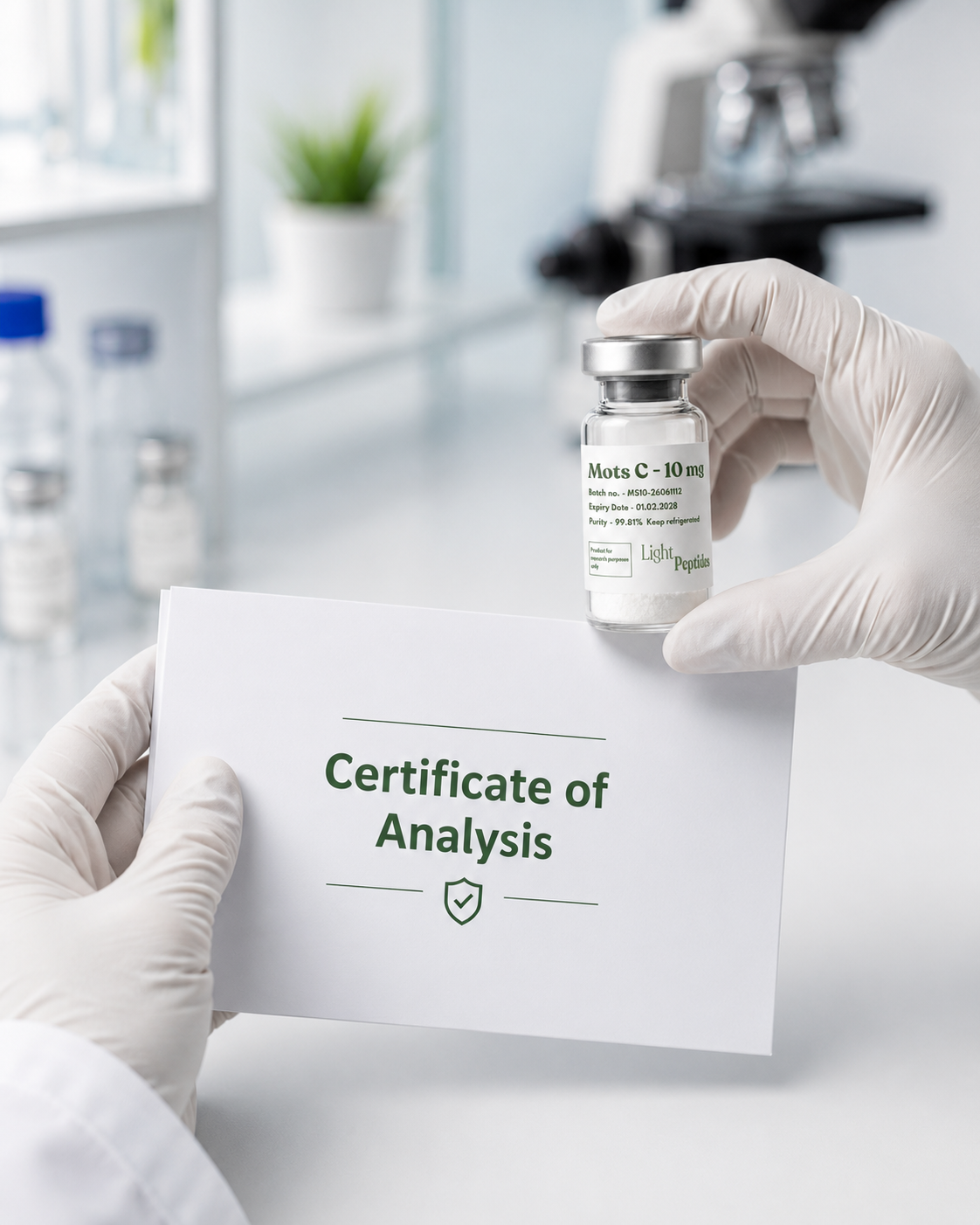 Gloved hands holding a vial and a certificate of analysis in a lab setting