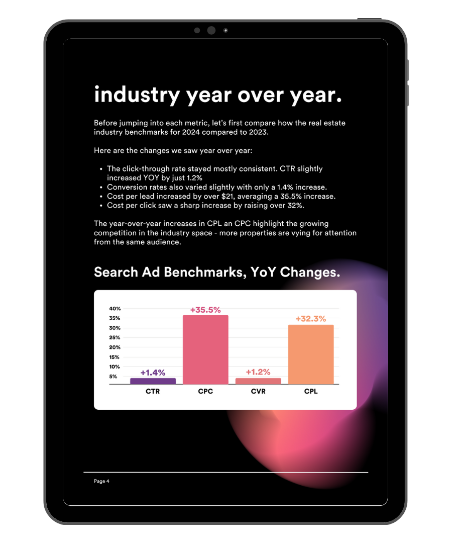 A tablet is open to a page that says industry year over year.