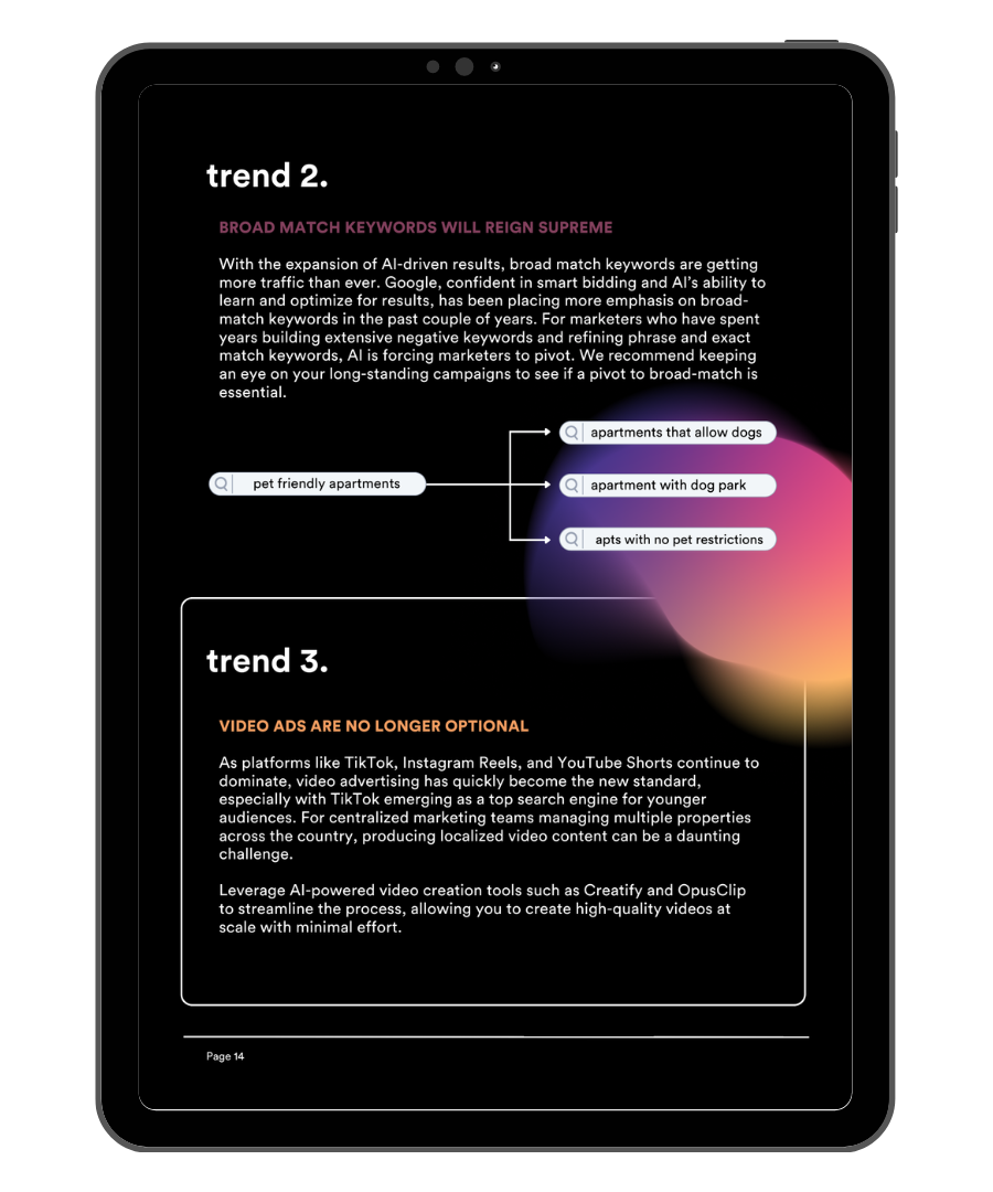 A tablet is open to a page that says trend 2 and trend 3.