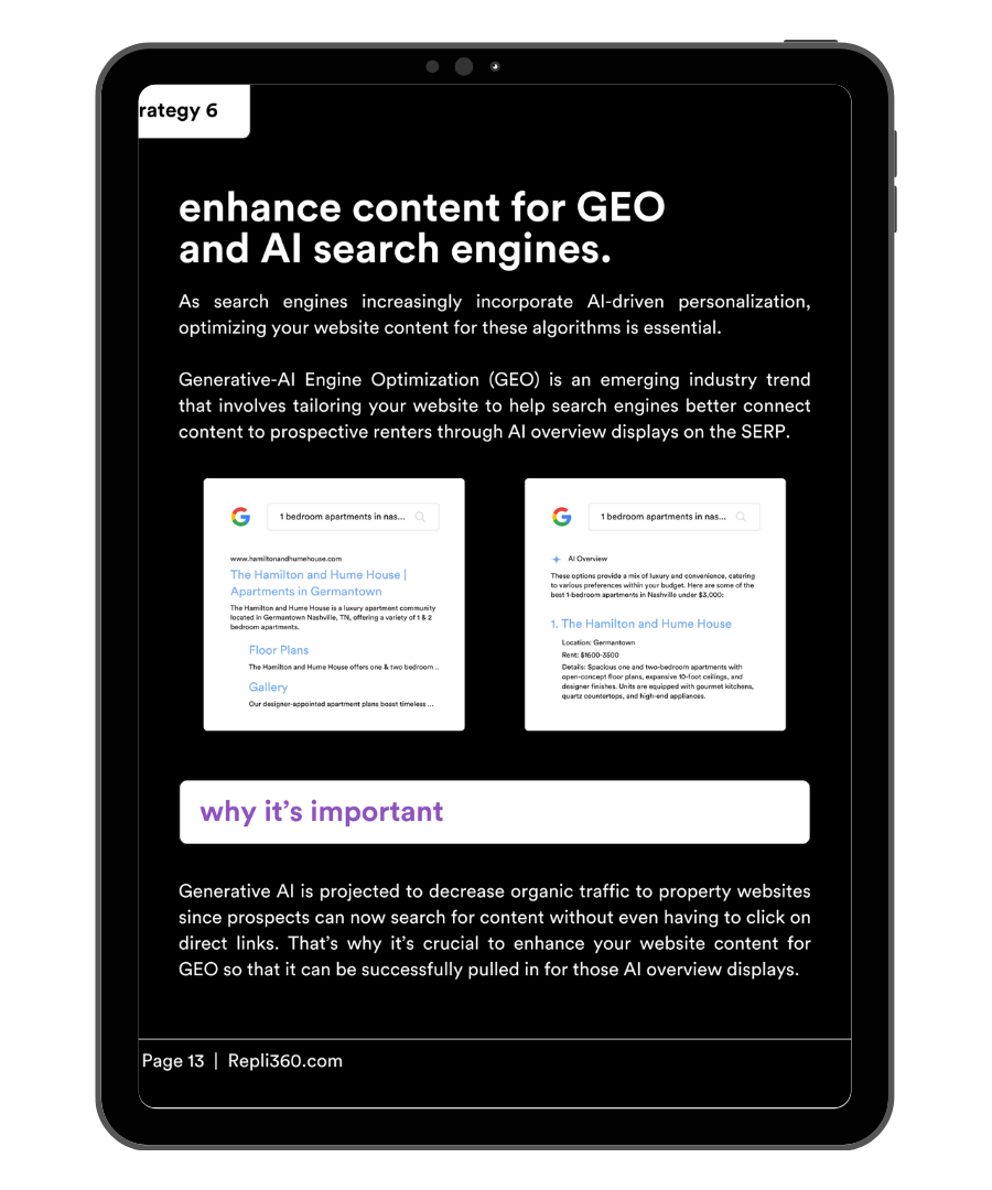 A tablet is open to a page that says `` enhance content for geo and al search engines . ''