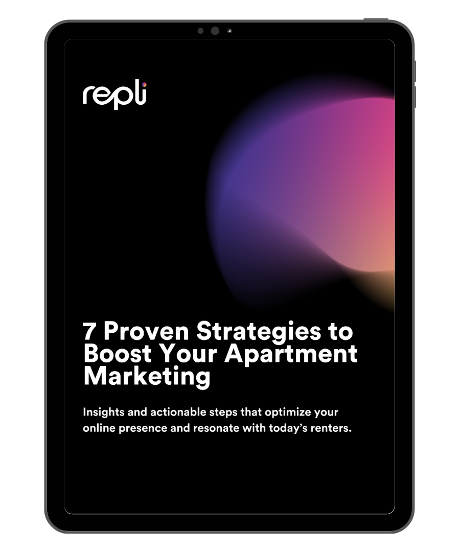 A tablet with a cover that says `` 7 proven strategies to boost your apartment marketing ''.