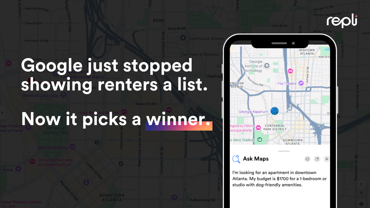 Promotional graphic with phone map and text: “Google just stopped showing renters a list. Now it picks a winner.”