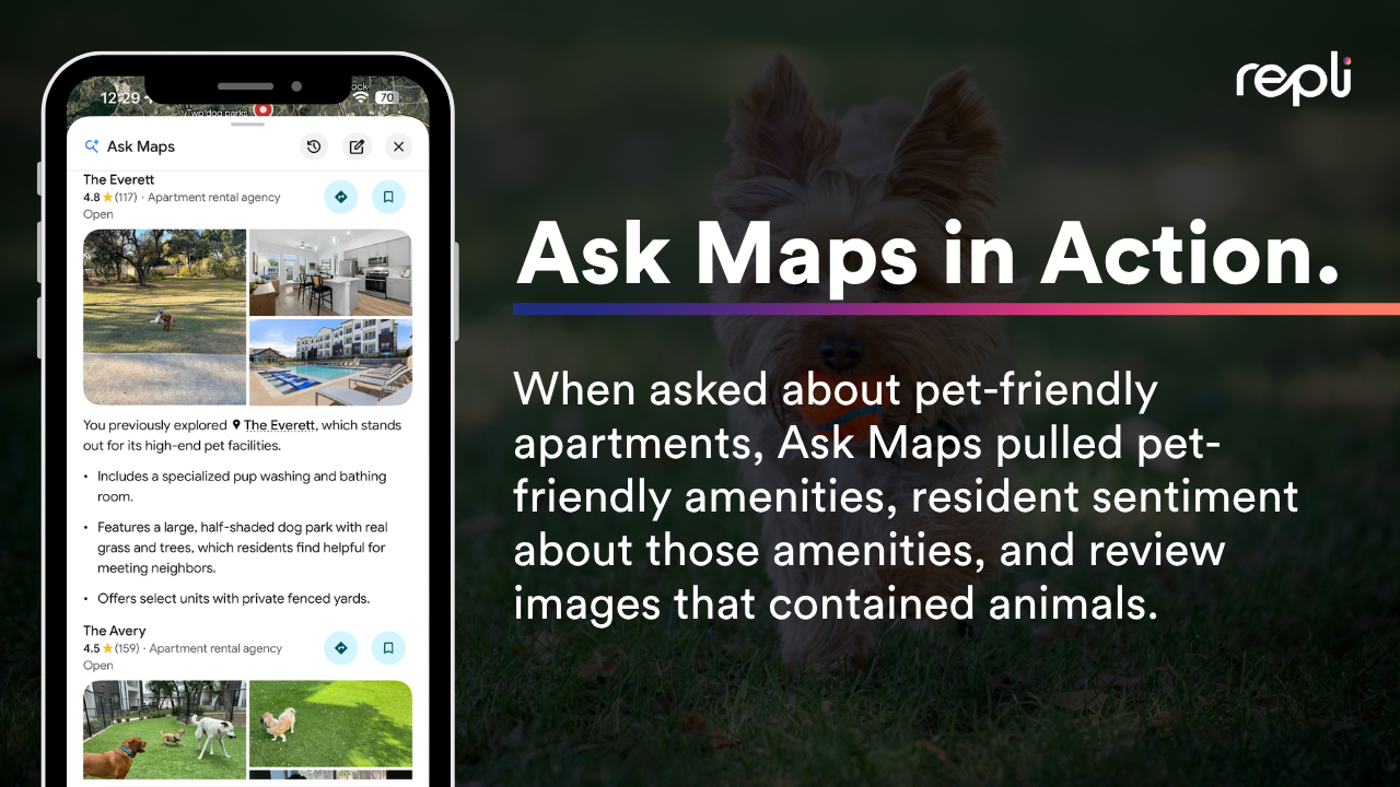 Phone showing apartment map search results with headline “Ask Maps in Action” on a dark purple background