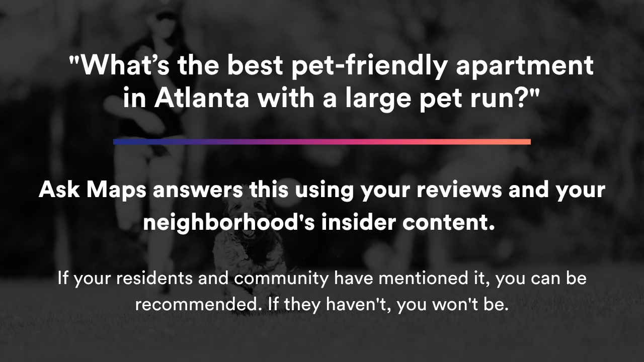 Quote graphic asking, “What’s the best pet-friendly apartment in Atlanta with a large pet run?”