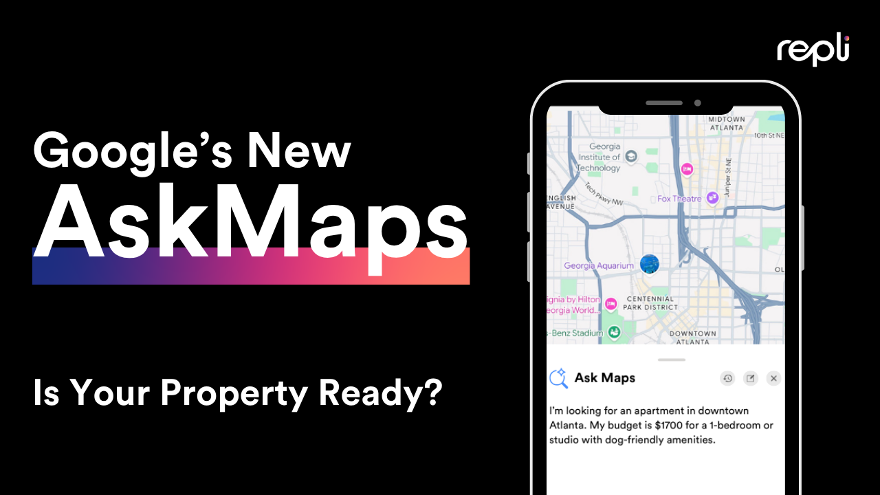 Black promo graphic for Google’s new AskMaps with a smartphone map screenshot and “Is Your Property Ready?” text