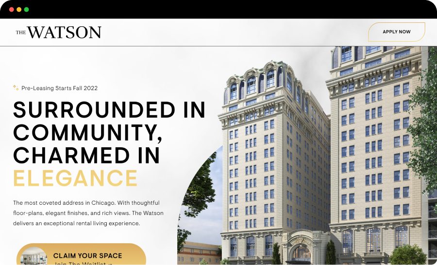 A website for a building called the watson surrounded in community , charmed in elegance