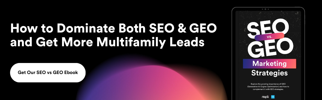 Advertisement for SEO & GEO marketing strategies for multifamily leads. Black and white book cover.