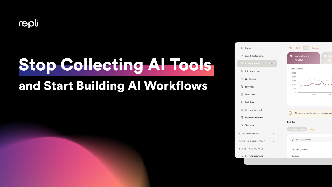 Stop Collecting AI Tools and Start Building AI Workflows on a black promotional slide with colorful gradient and dashboard screenshot