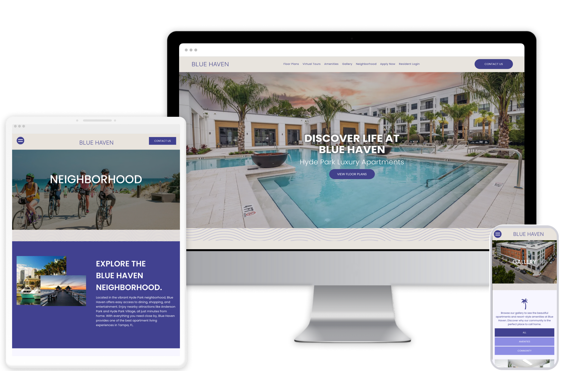 Blue Haven Property Website Theme on Desktop, Tablet, and Mobile