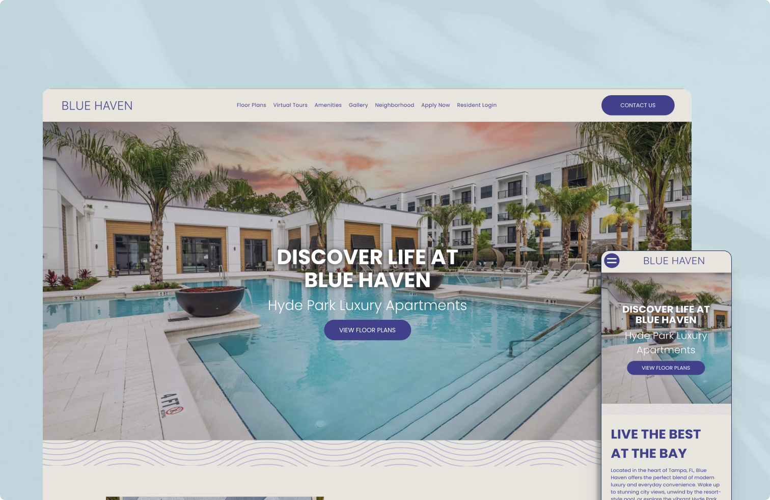 A screenshot of a website showing a pool and a building.