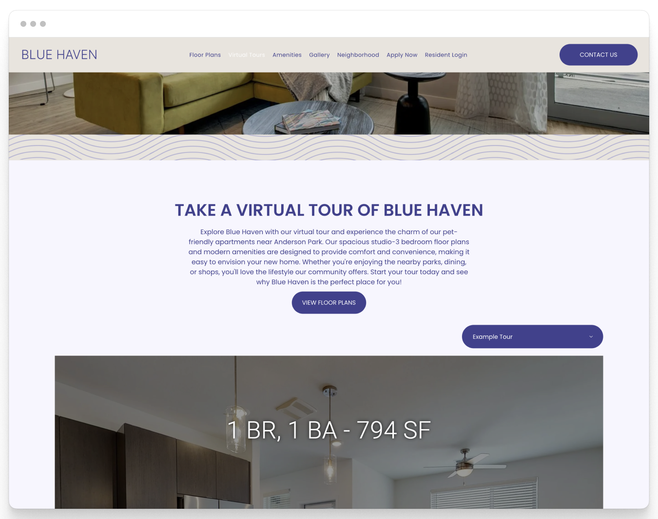 Virtual Tours Page of Blue Haven Property Website Theme