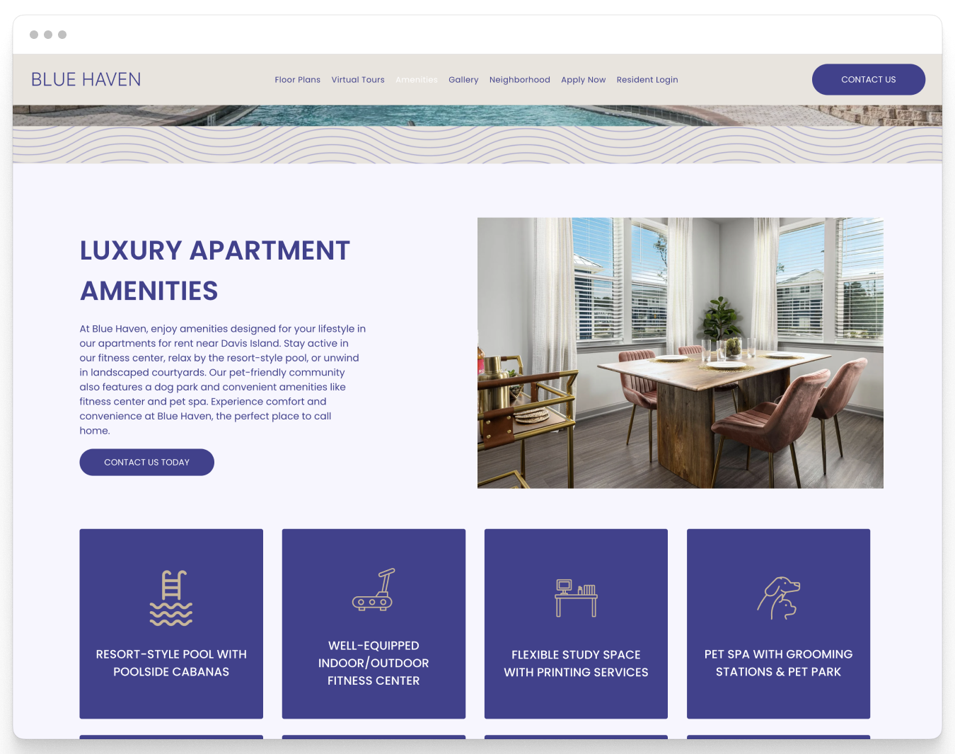 Amenities Page of Blue Haven Property Website Theme