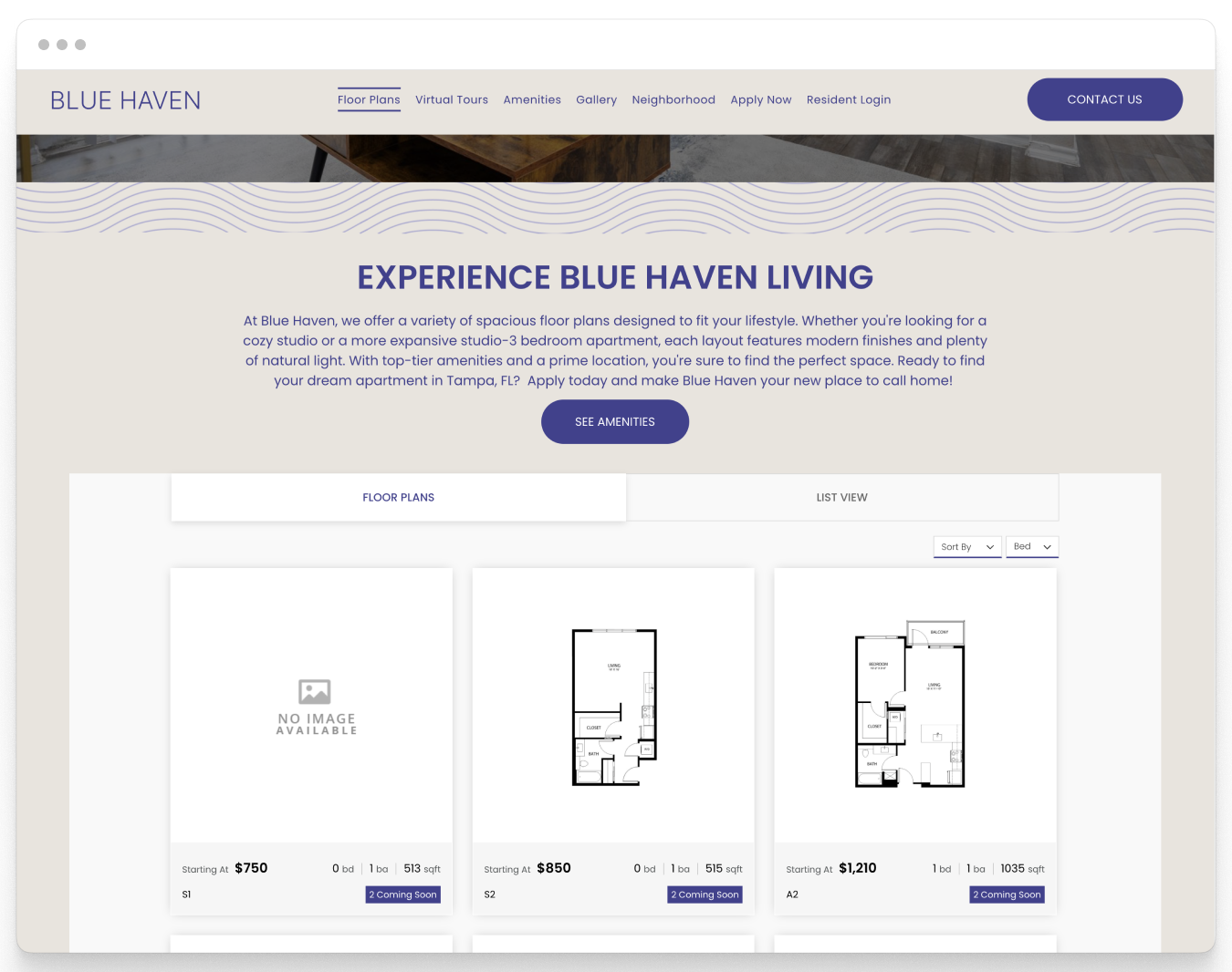 Floor Plans Page of Blue Haven Property Website Theme