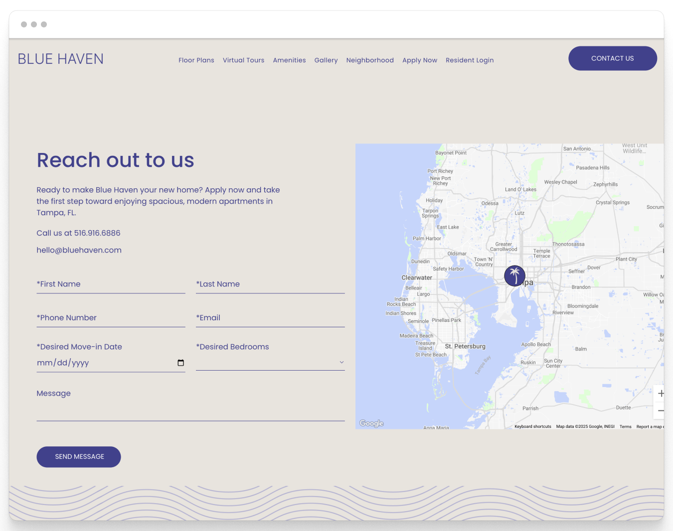 Contact Us Page of Blue Haven Property Website Theme