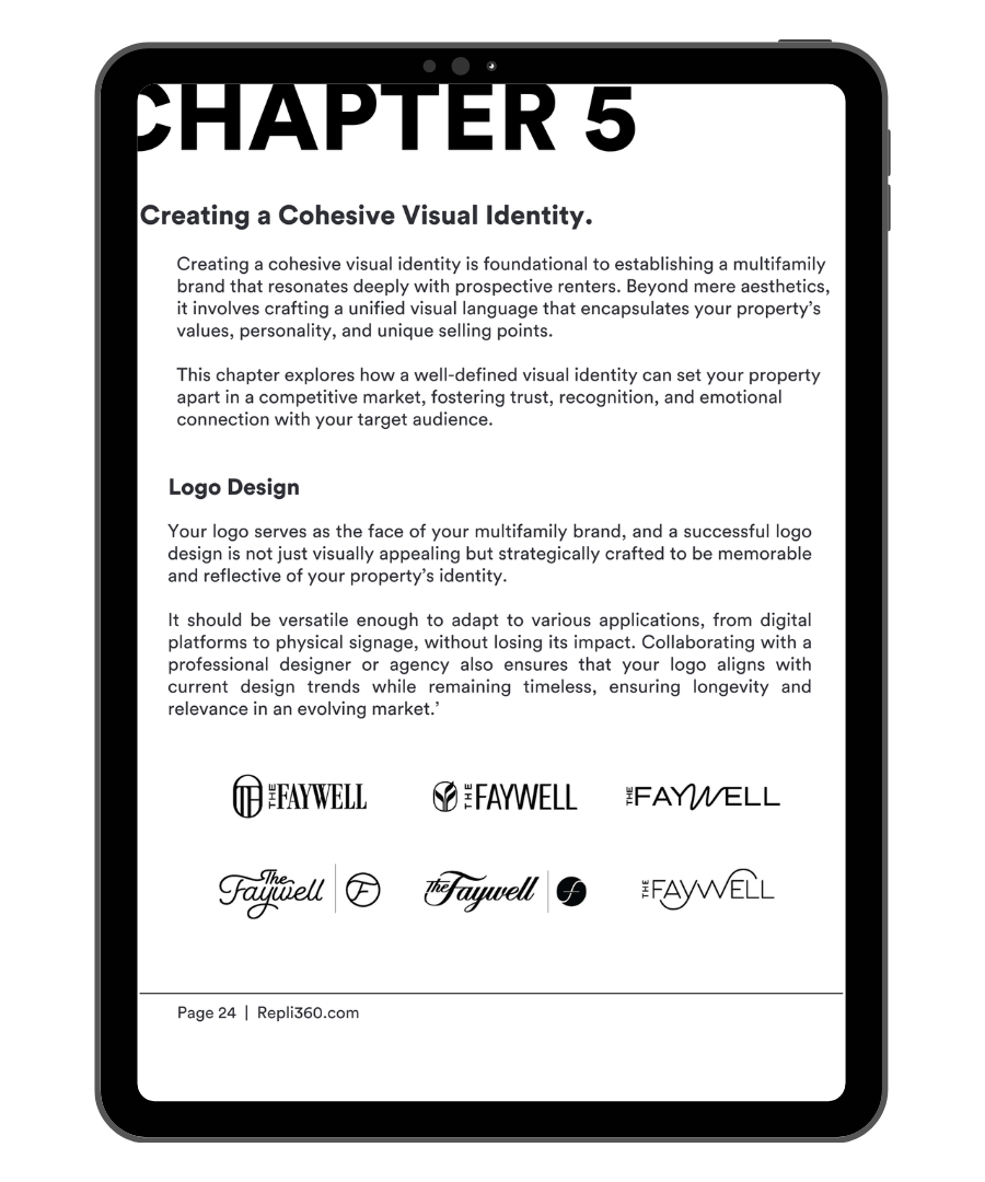 A tablet is open to a page that says chapter 5 creating a collective visual identity.